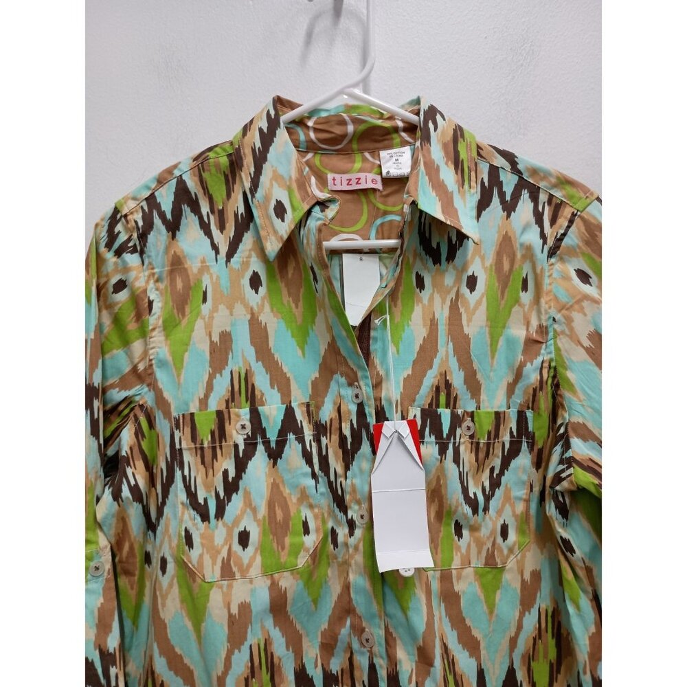 Tizzie Wearable Art Tunic Top Womens Medium Ikat Print Button Front Long Sleeve - Picture 2 of 14